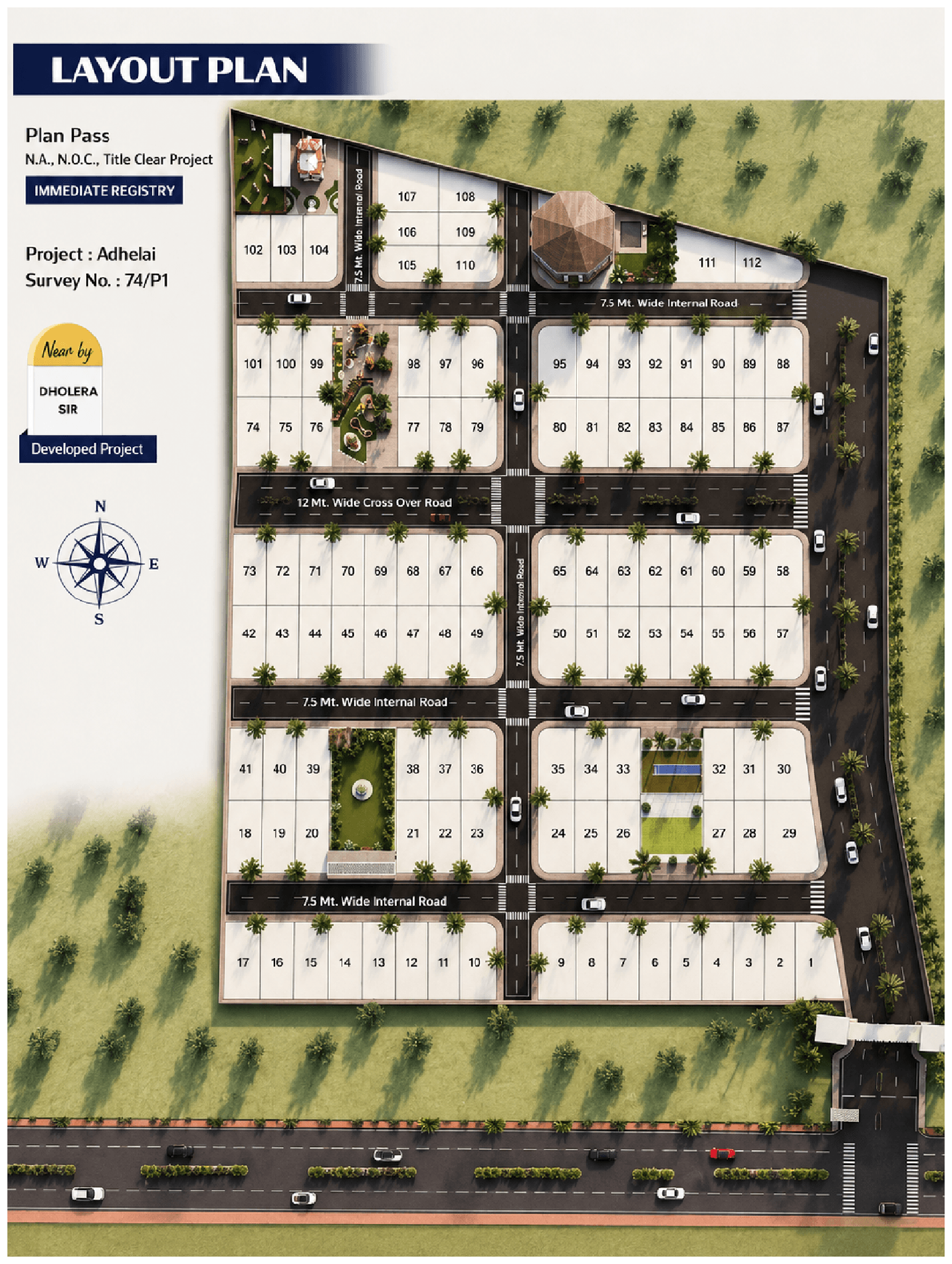 Dholera Adhelai plotting layout — numbered plots, roads and open spaces