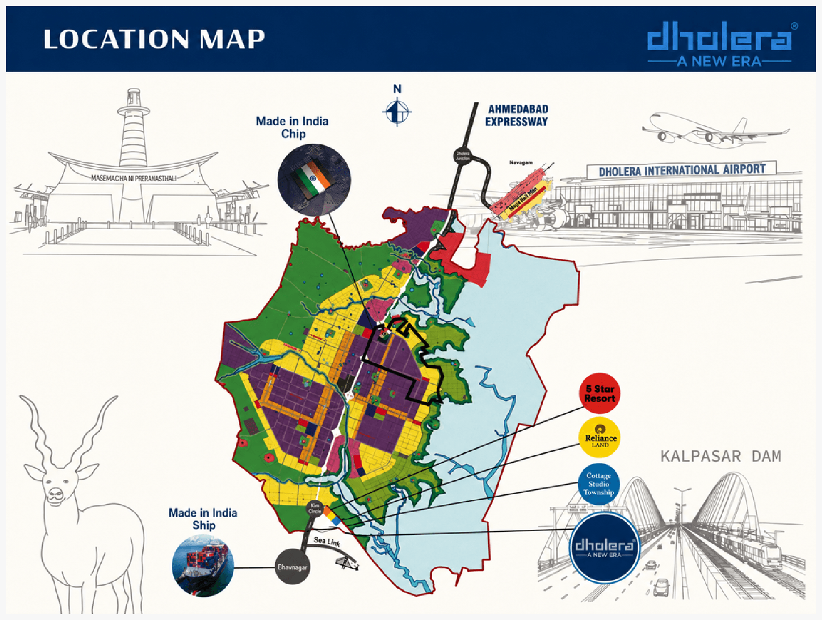 Dholera location map with growth-corridor callouts